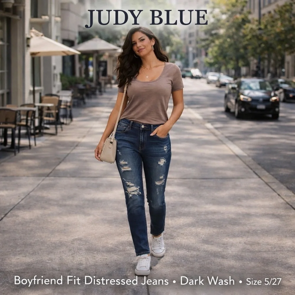Size 5/27 Judy Blue Boyfriend Fit Distressed Jeans – Dark Wash - Picture 4 of 10